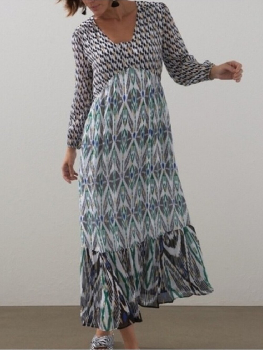 Chicos 40th Anniversary Ikat Clip Dot Gold Shimmer Maxi Dress